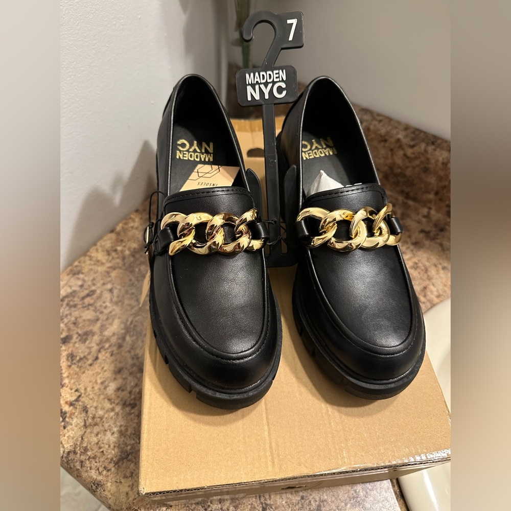 Women's Black Loafers with Gold Chain - Picture 2 of 8